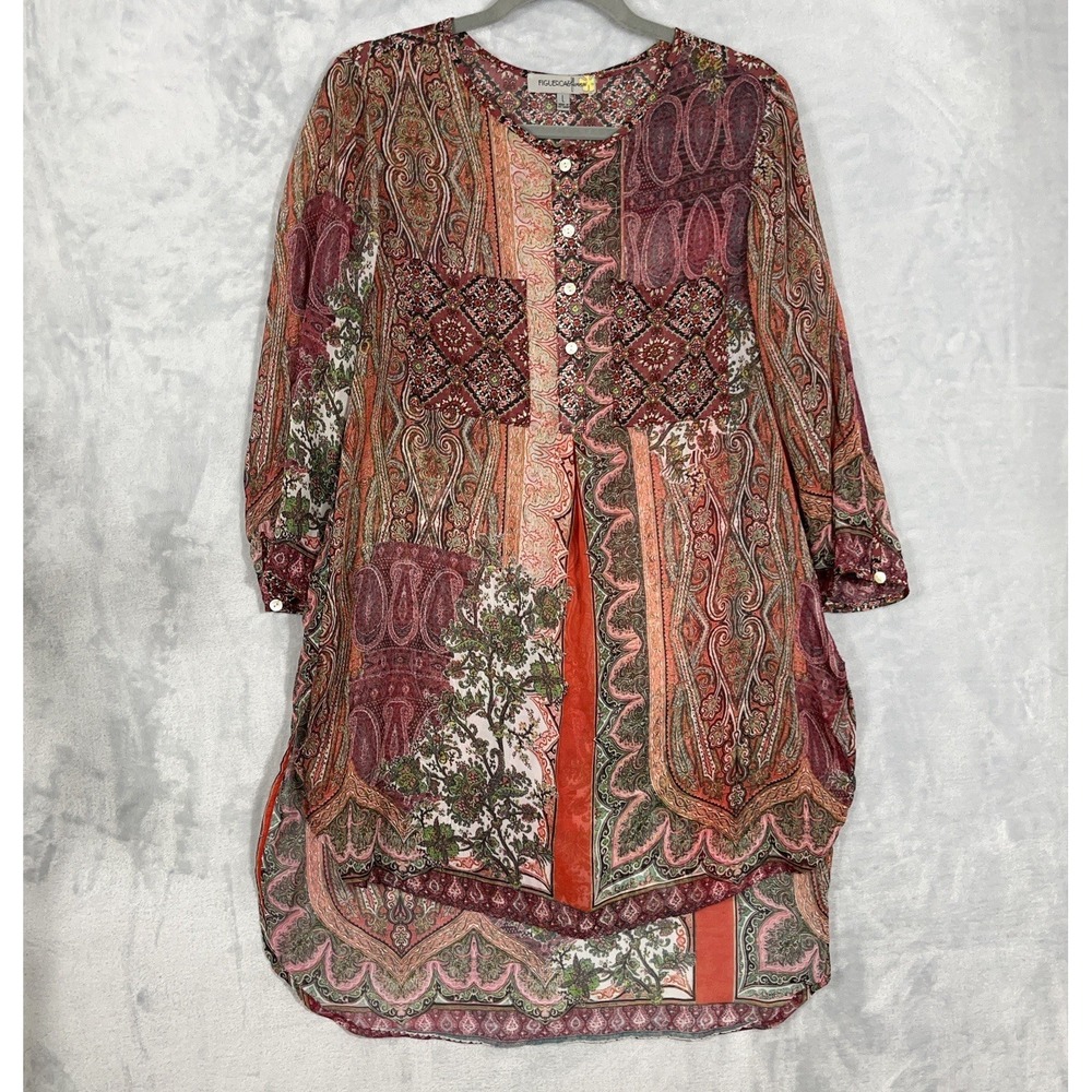 Boho Patchwork Womens‎ Top Tunic Chiffon Sheer L 3/4 Sleeve Button Front Hi Low